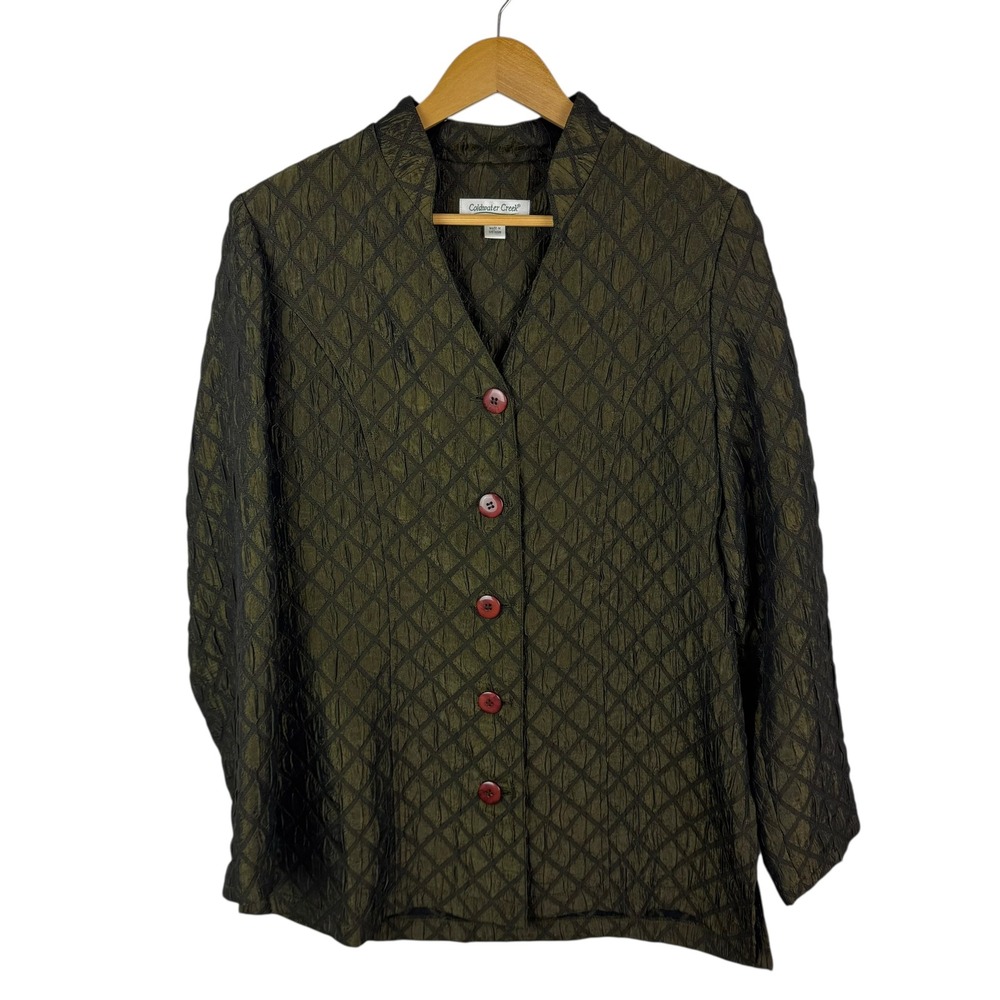 Coldwater Creek Textured Diamond Blazer Jacket Small Olive Green Boho Quilted